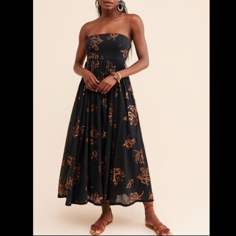 Free People | Baja Babe Midi Strapless Bandeau Dress Cotton Black Copper | M